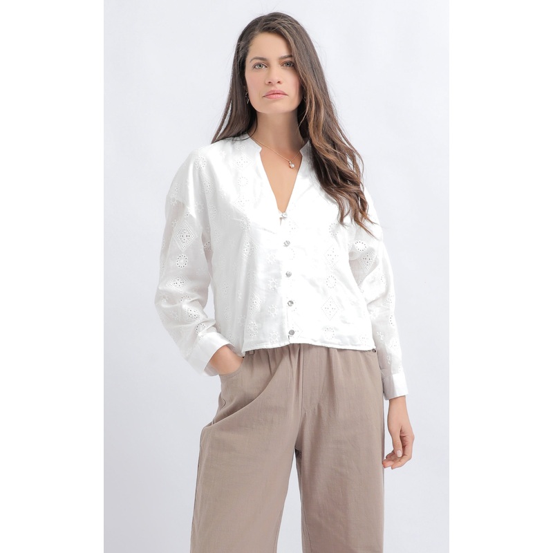 Broderie Collarless Shirt