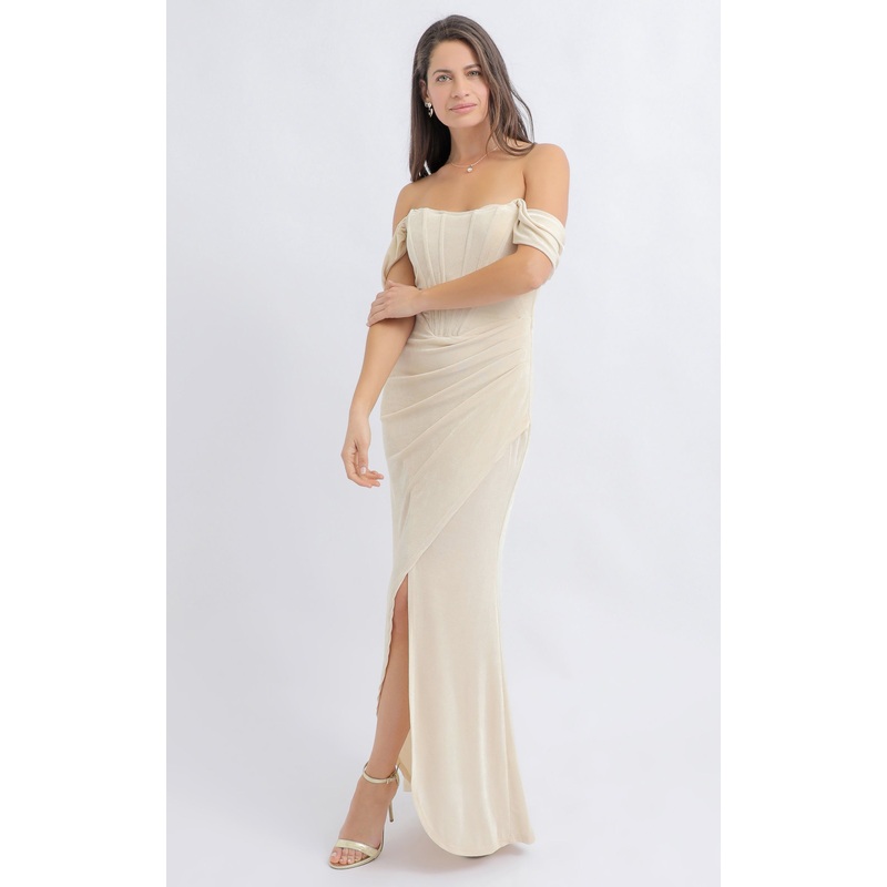 Metallic Jersey Pleated Corset Gown