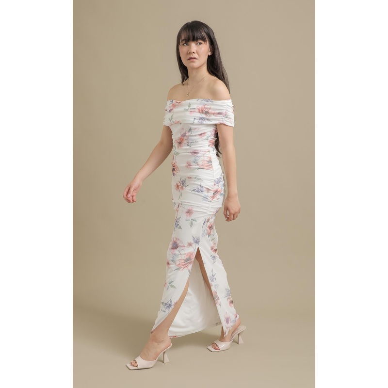 Printed Mesh Bardot Gown