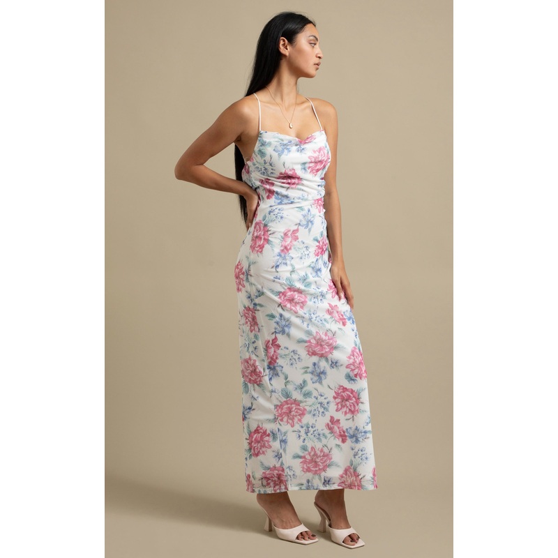 Printed Mesh Open Back Gown