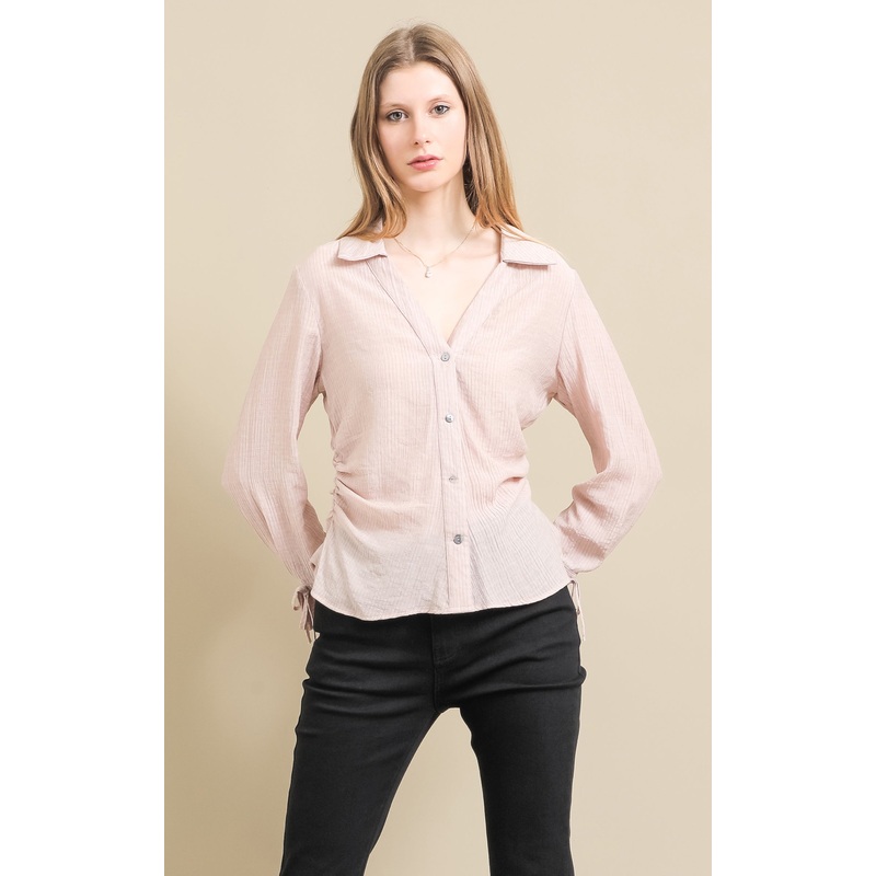 Ruched Waist Tie Sleeve Shirt