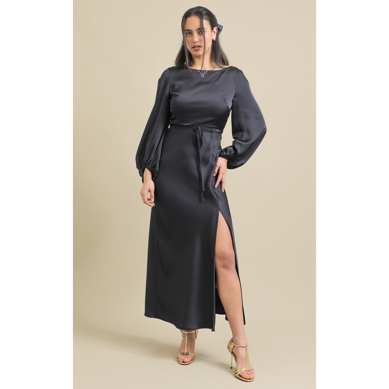 Satin Boat Neck LS Gown