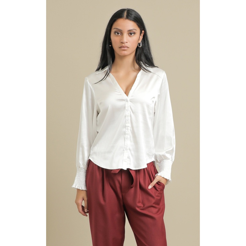 Shirred Sleeve Satin Shirt