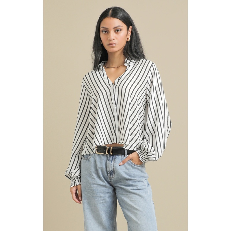 New Striped Shirred Cuff Shirt