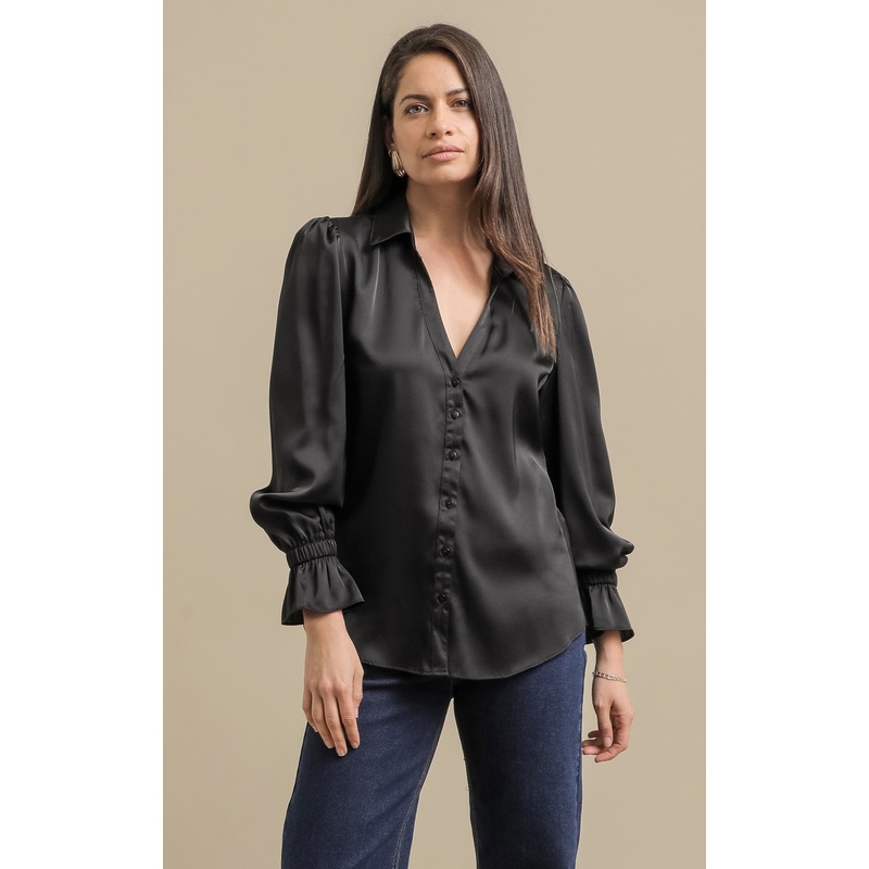 Plain Satin Gathered Sleeve Shirt