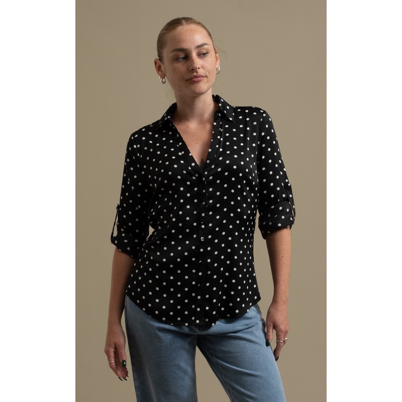 Polka Dot Roll Sleeve Shirt