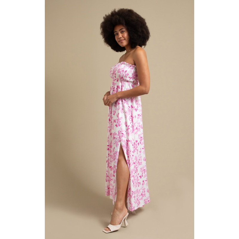 Poplin Shirred Strapless Maxi
