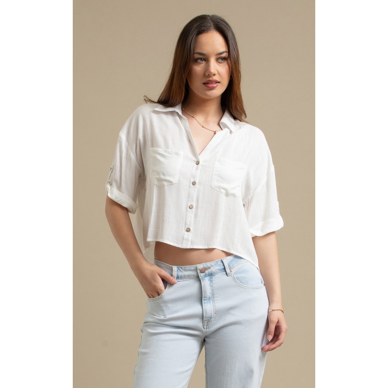 Button Sleeve V Neck Shirt