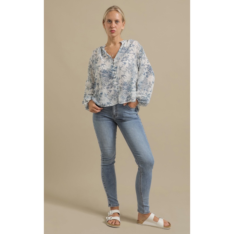 Printed Chiffon Gathered Shirt
