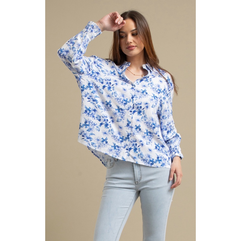 Printed Gathered Sleeve Shirt