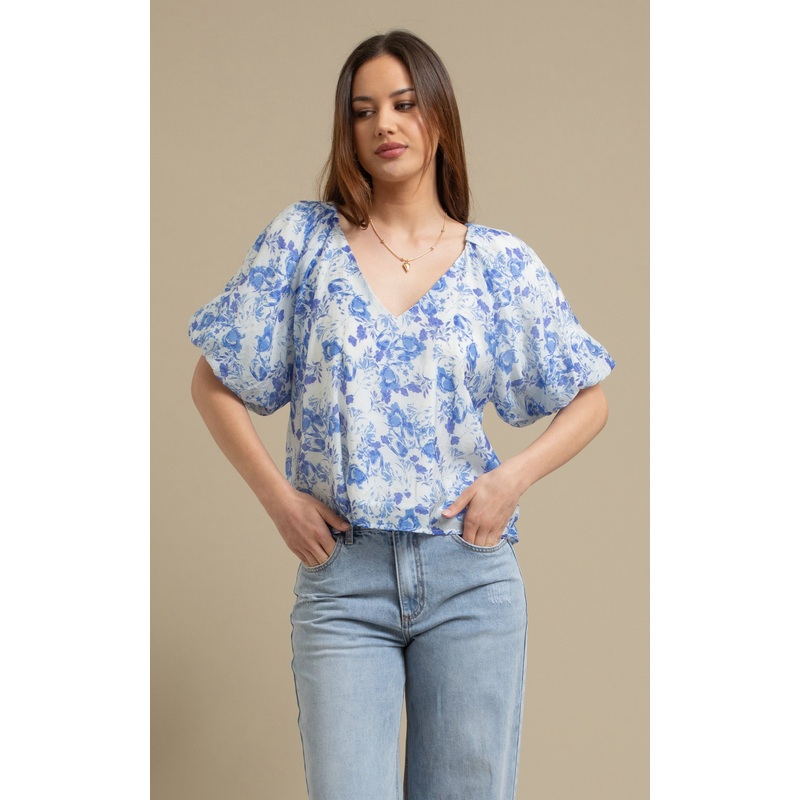 Printed Rayon Puff Sleeve V Neck Top