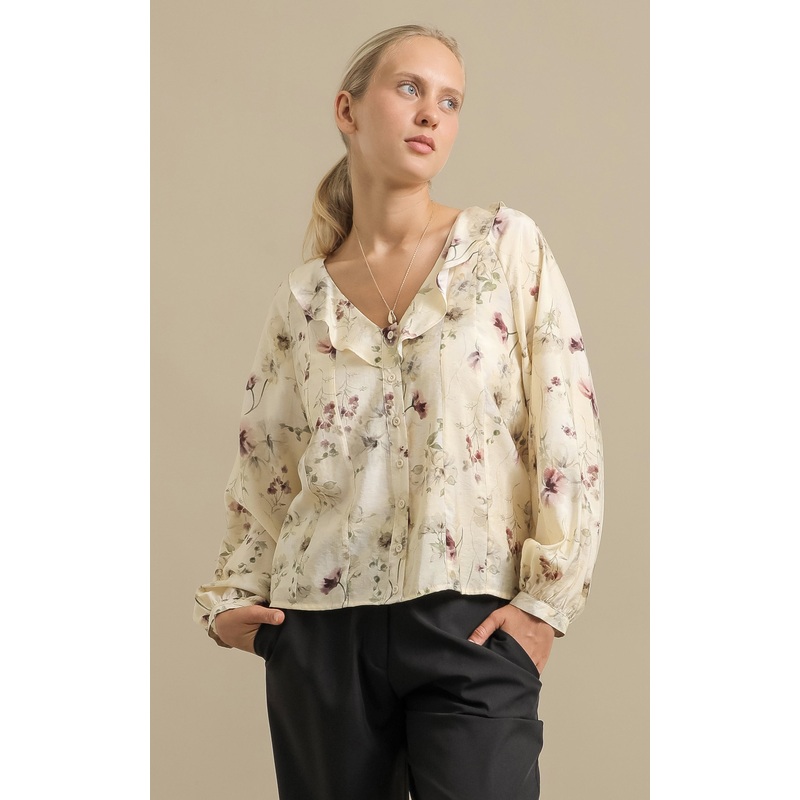 Printed Voile Frill Collar Shirt