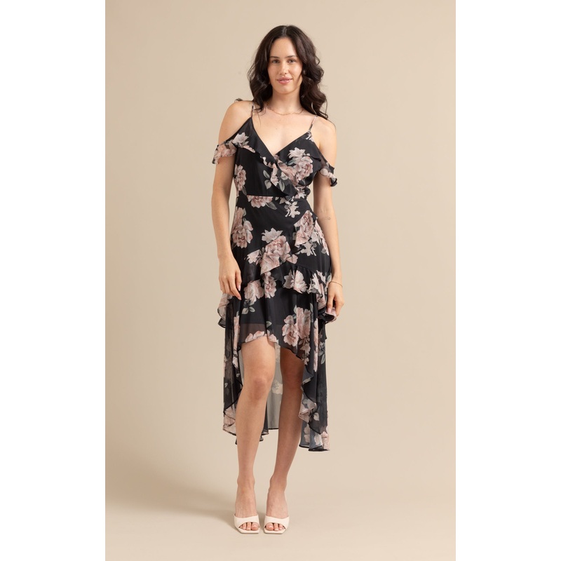 Chiffon Cold Shoulder Wrap Maxi
