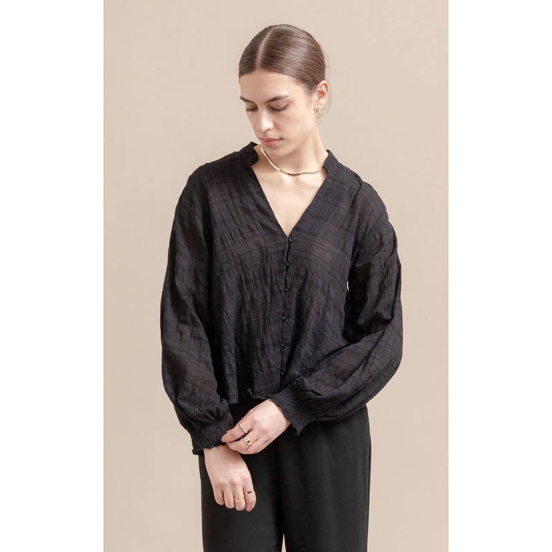 Textured Shirred Cuff Shirt