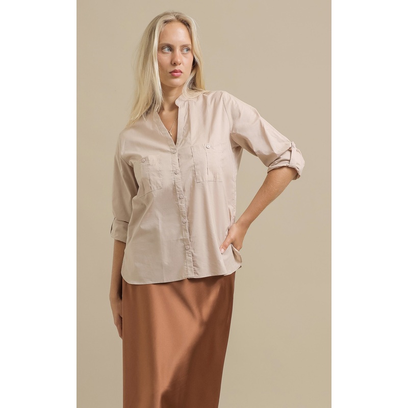 V Neck Roll Sleeve Shirt