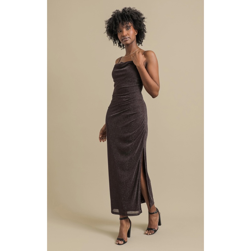 Glitter Mesh Cowl Neck Gown