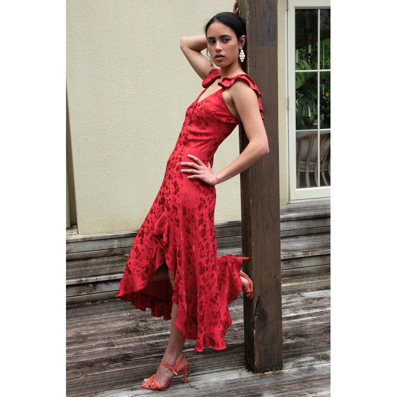 Jacquard Satin Ruffle Detail Gown