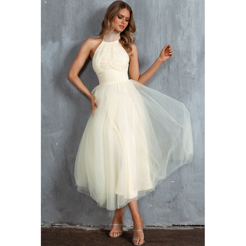 Andria Halterneck Tulle Midi Dress Butter