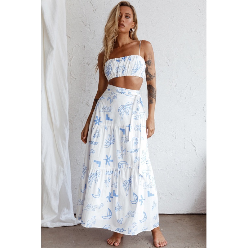 Bondi Waist Tie Maxi Skirt Printed White