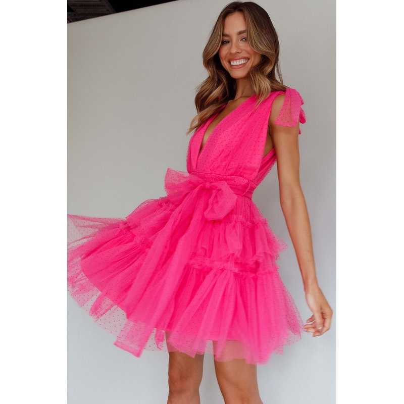 Lyra Spotted Tulle Mini Dress Hot Pink