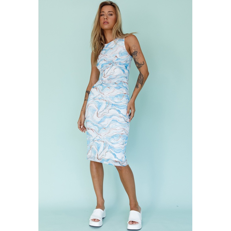Sarafina Twist Accent Mesh Midi Dress Marble Blue