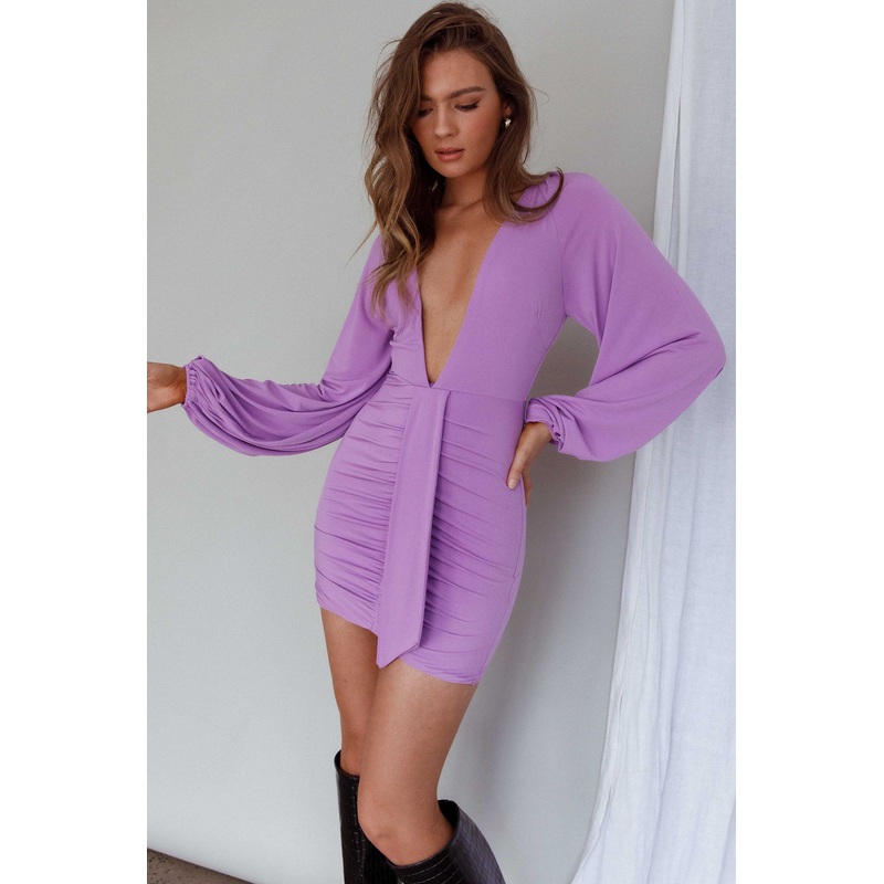 Unforgettable Plunging Neckline Ruched Mini Dress Violet