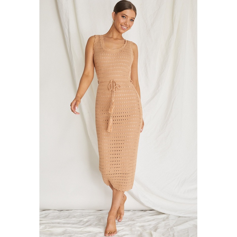 Wander Lust Crochet Midi Dress Mocha