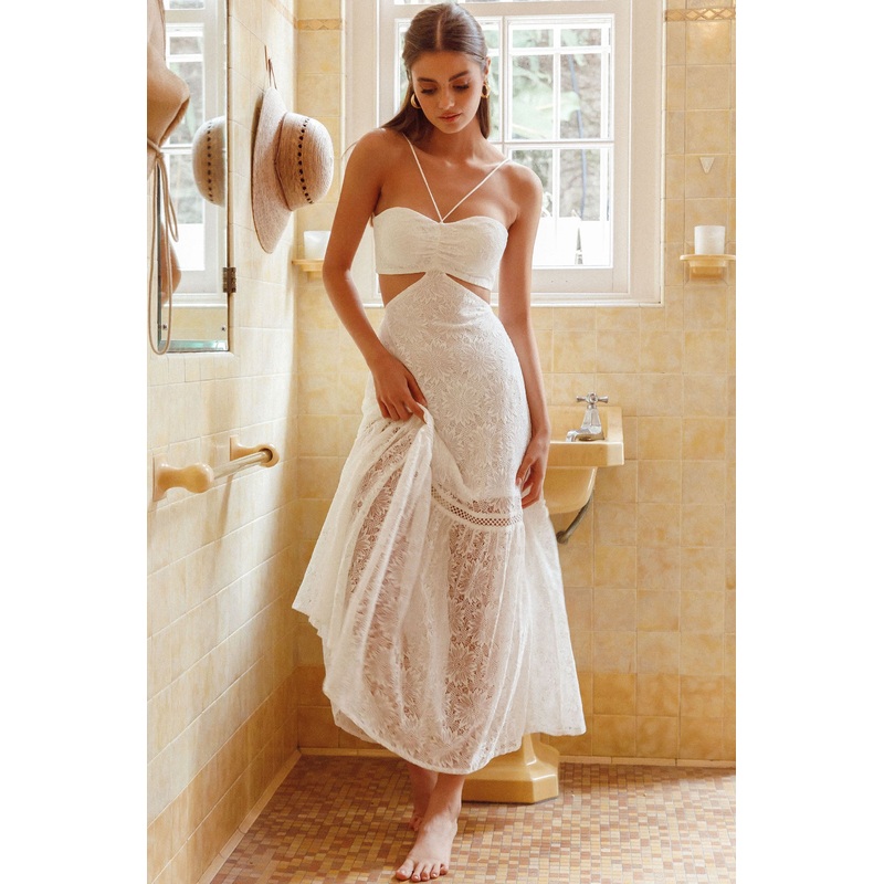 Zoya Tie-Up Back Lace Maxi Dress White