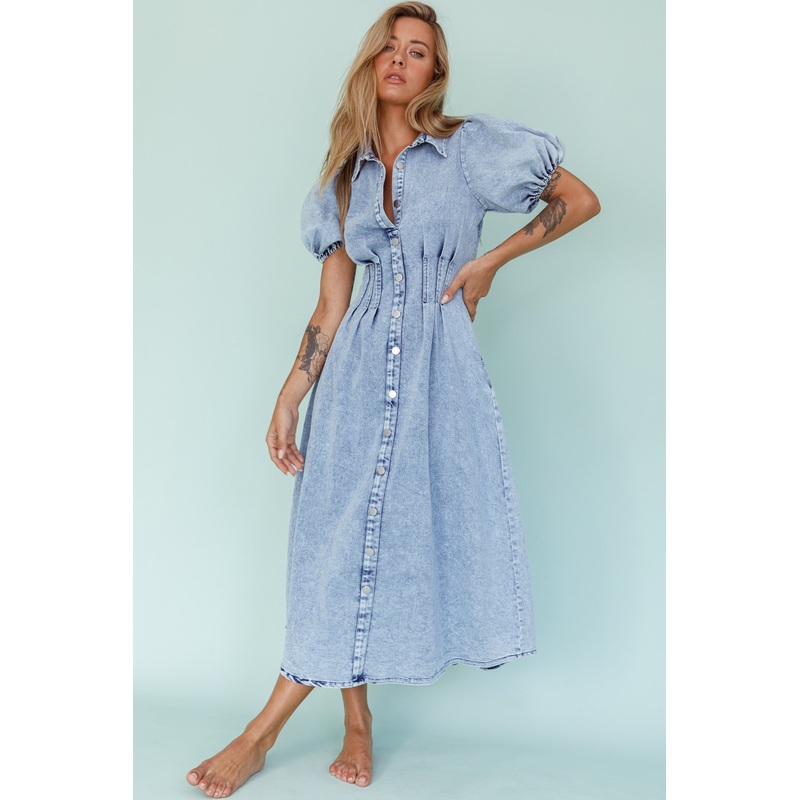 Zurich Pleated Waist Midi Dress Denim Blue