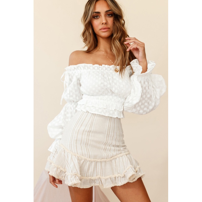 Eve Ruffle Hem Linen Blend Skirt Mocha/White Stripe