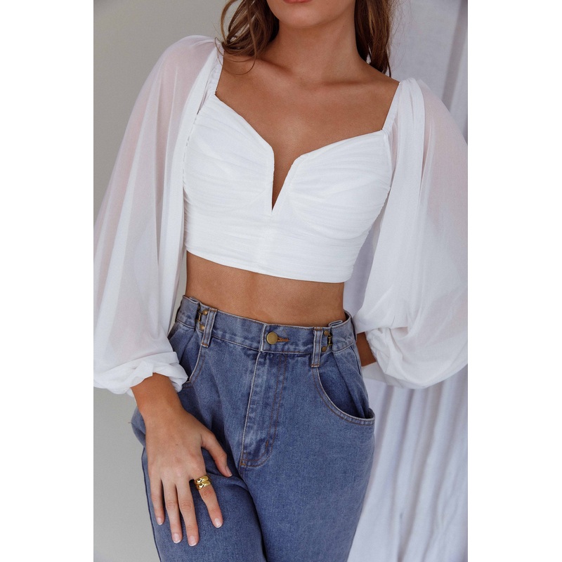 Tanner Long Sleeve Ruched Crop Top White