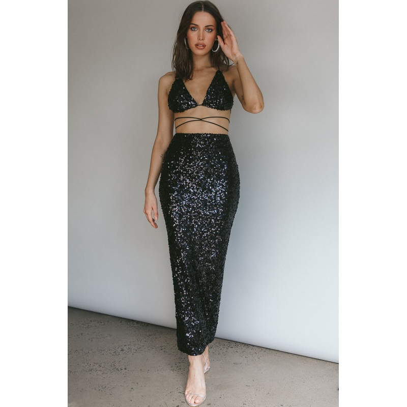 Zefa Sequin Midi Skirt Black