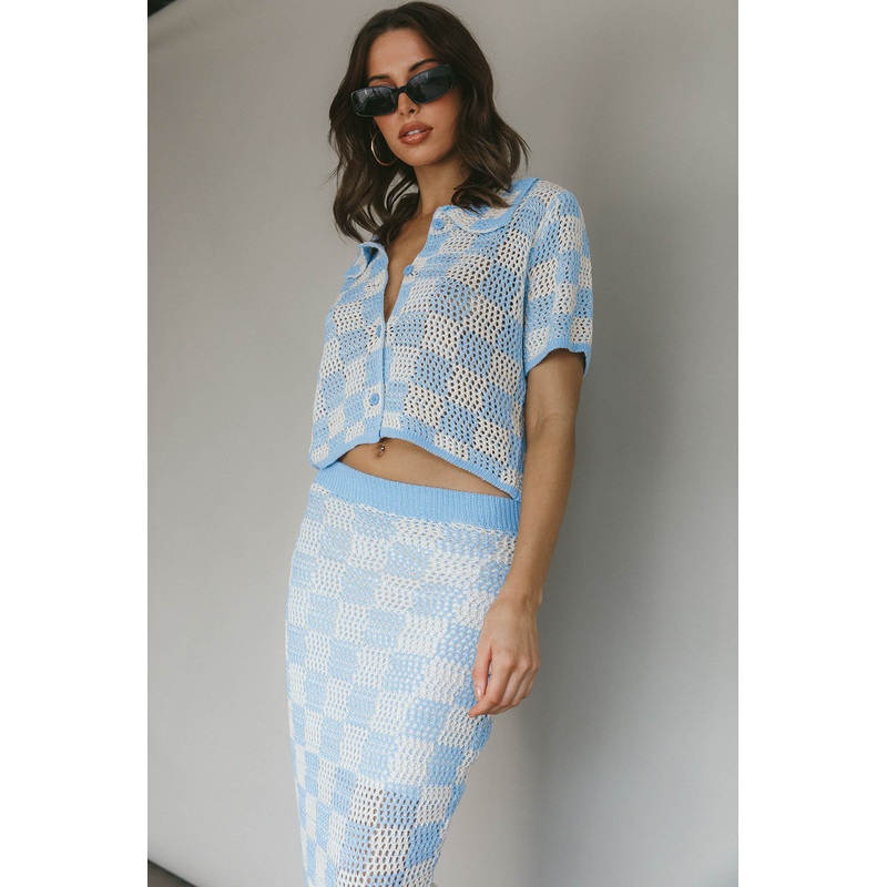 Byron Bay Crochet Buttoned Top Blue