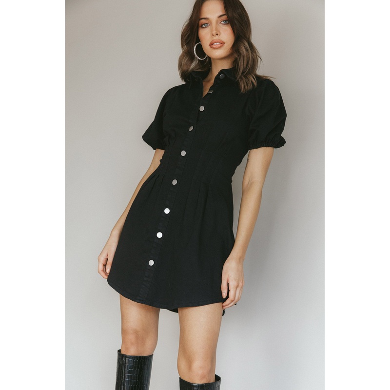 Zurich Pleated Waist Shirt Dress Black