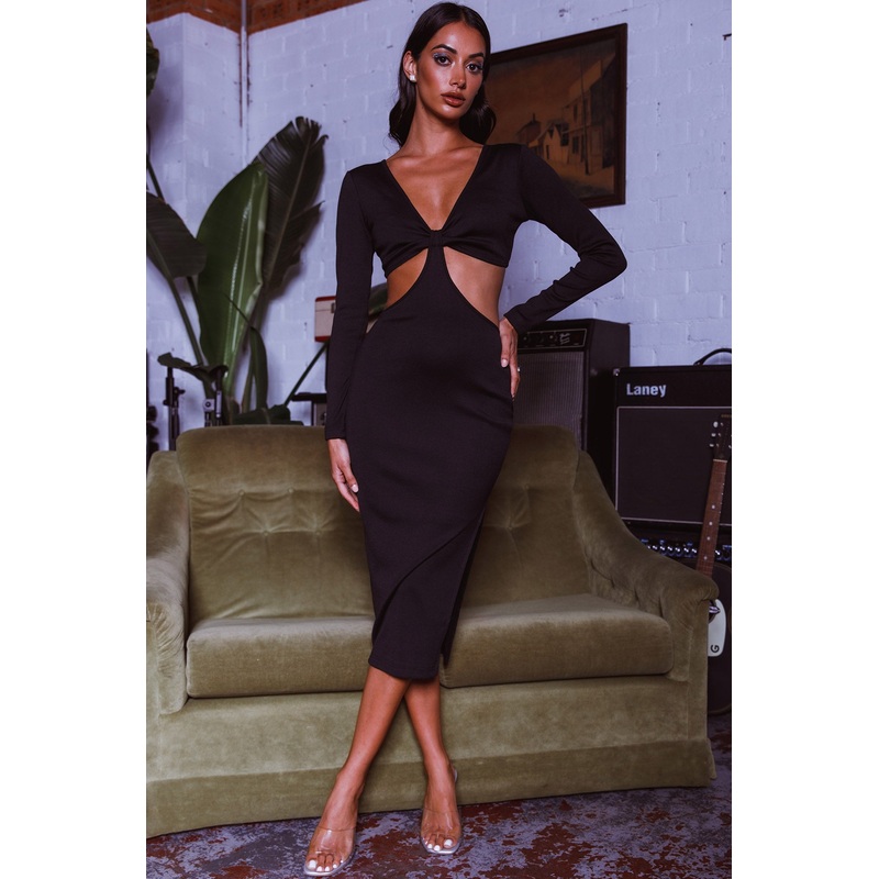 Acapulco Long Sleeve Cut-Out Waist Side Split Midi Dress Black
