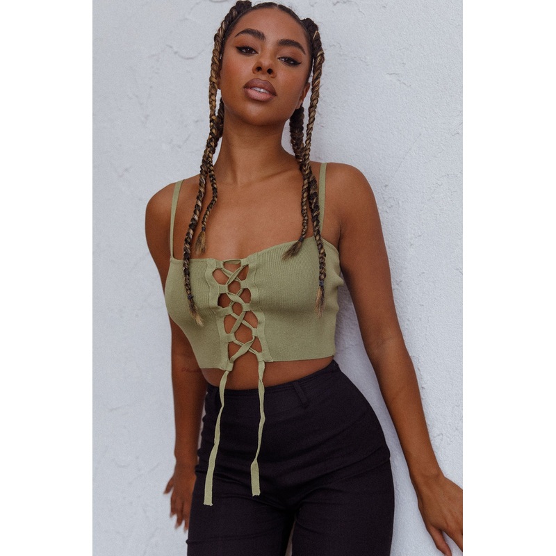 Jori Lace Up Crop Top Olive