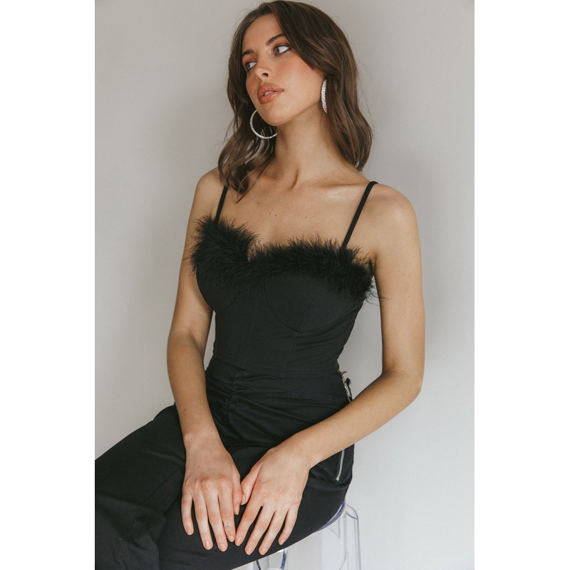 Jovi Feather-Trim Crop Top Black