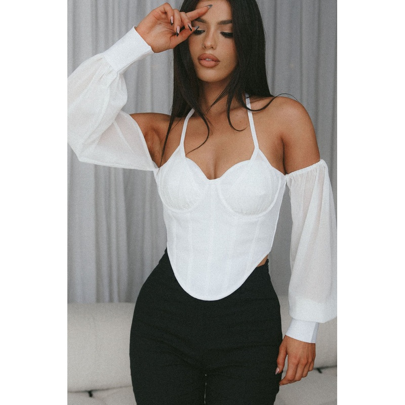 Adonica Halterneck Lantern Sleeve Top White