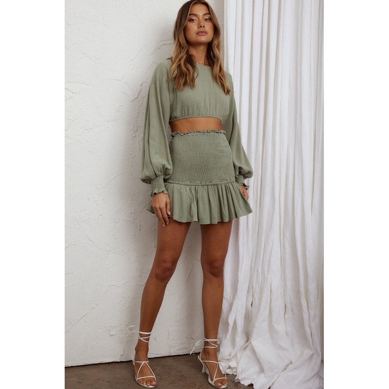Aubrette Shirred Waist Mini Skirt Sage