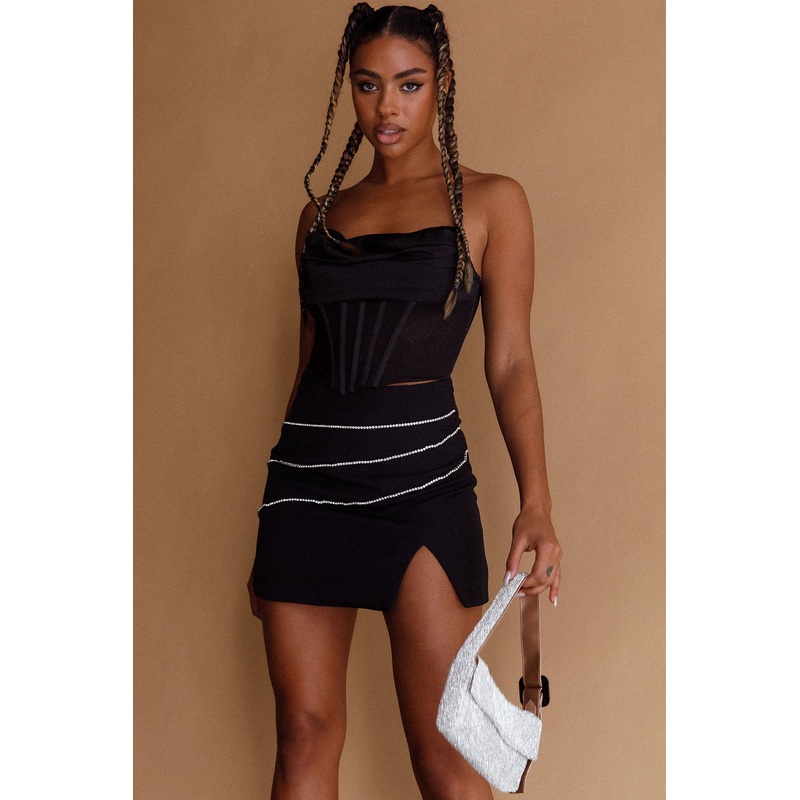 Be Seen Rhinestone Embellished Mini Skirt Black
