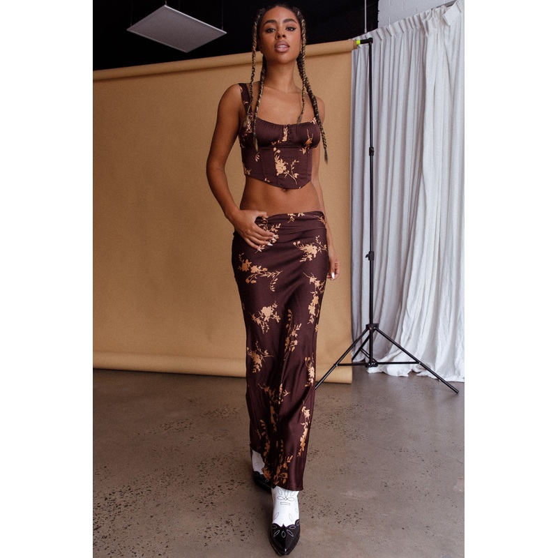 Hara Slip Midi Skirt Floral Brown
