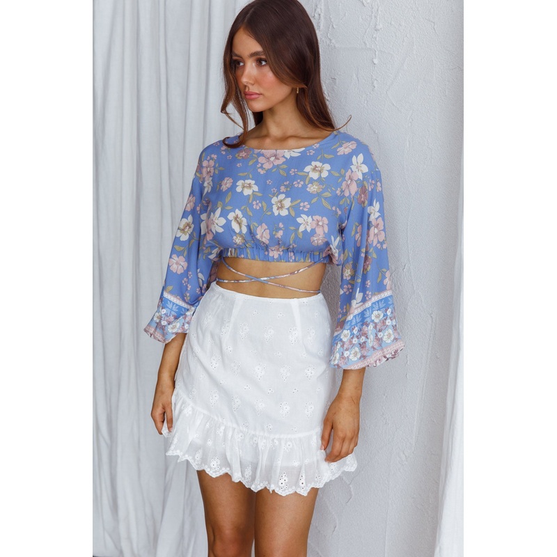 Sea View Long Sleeve Crop Top Floral Blue