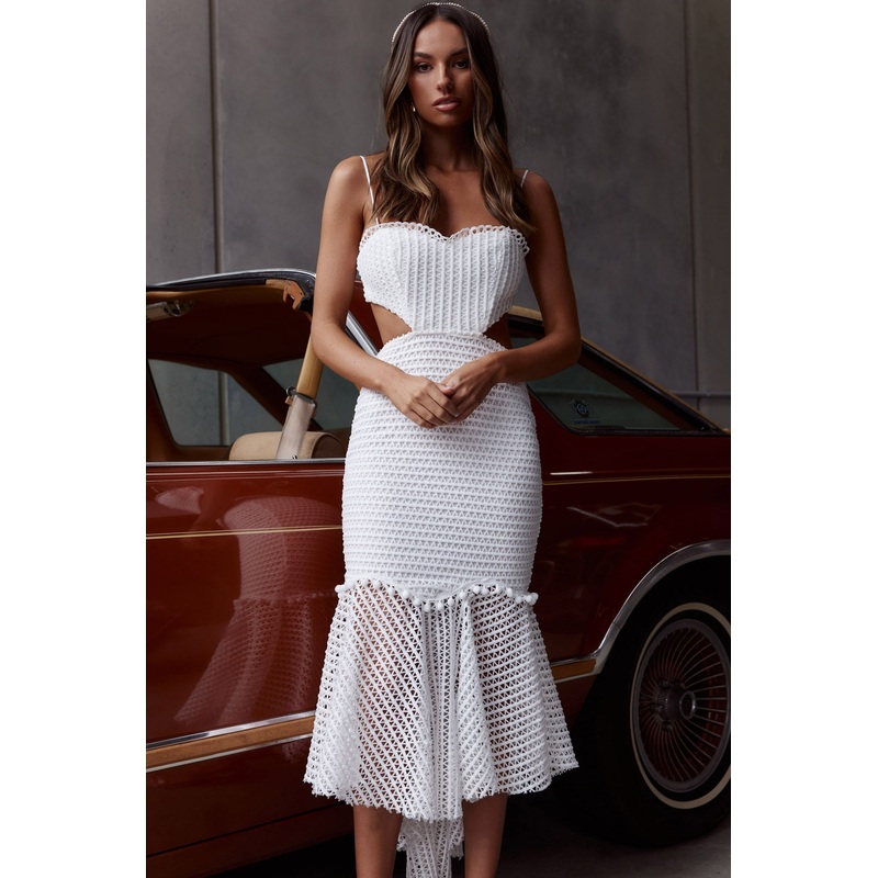 Zoey Lace Overlay Cut-Out Midi Dress White
