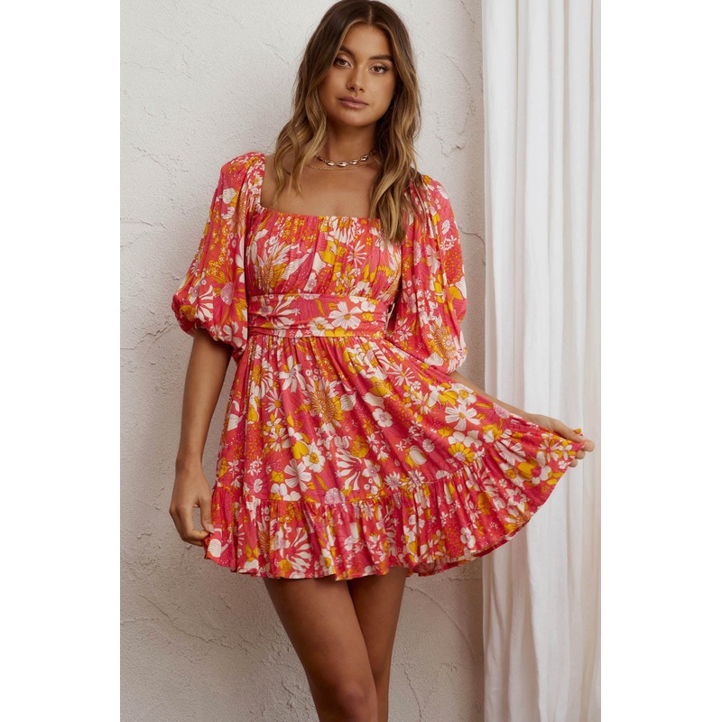 Abby Off-Shoulder Tie-Up Back Dress Retro Floral Orange
