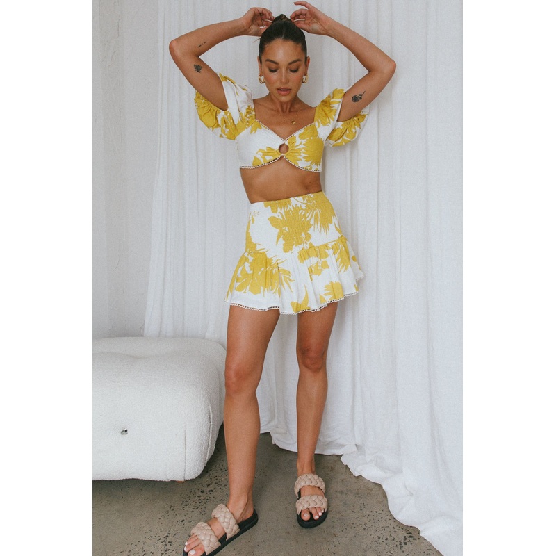 Escape With Me Shirred Mini Skirt Printed Mustard
