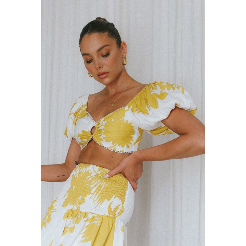 Escape With Me Tied Back Crop Top Printed Mustard