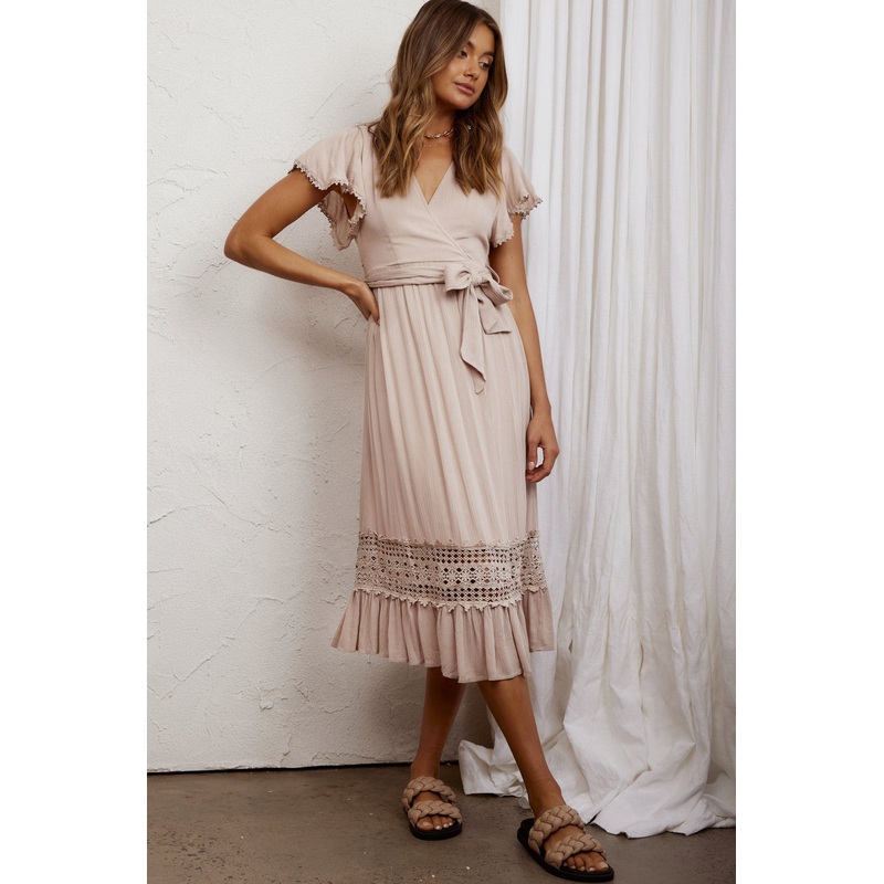 Zephyr Waist Tie Midi Dress Mocha