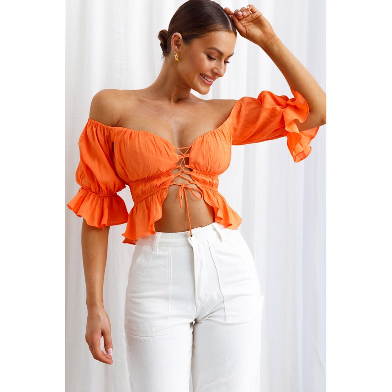 Josephina Off-Shoulder Lace-Up Front Crop Top Neon Orange