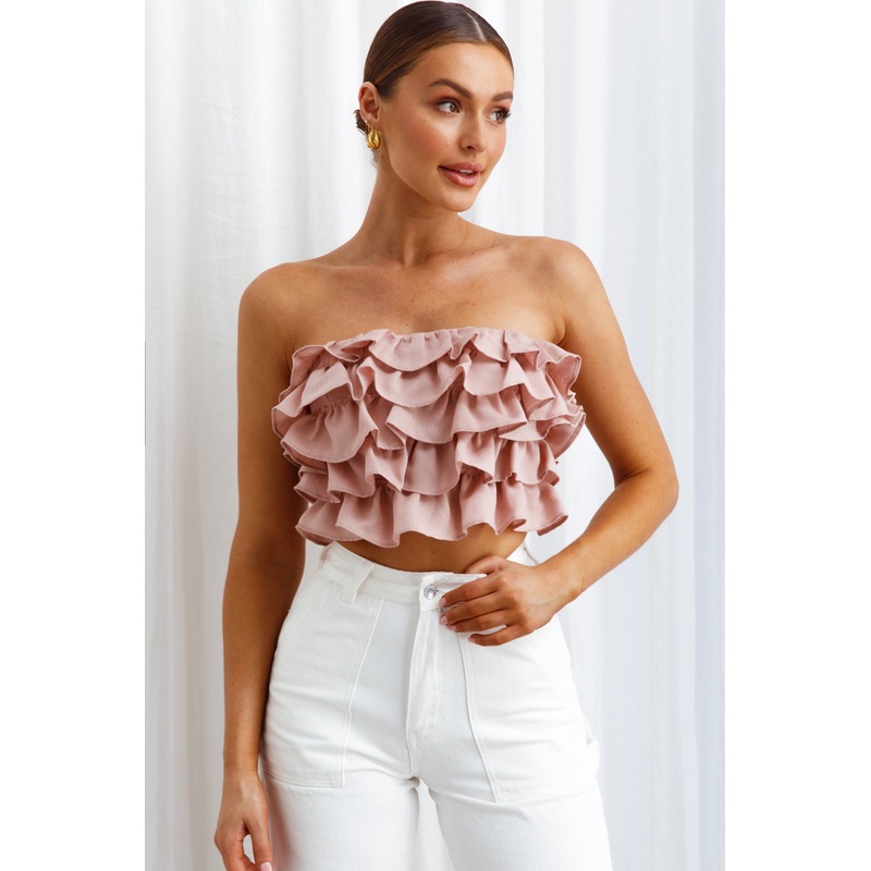 Talulah Layered Ruffle Lace-Up Back Crop Top Blush