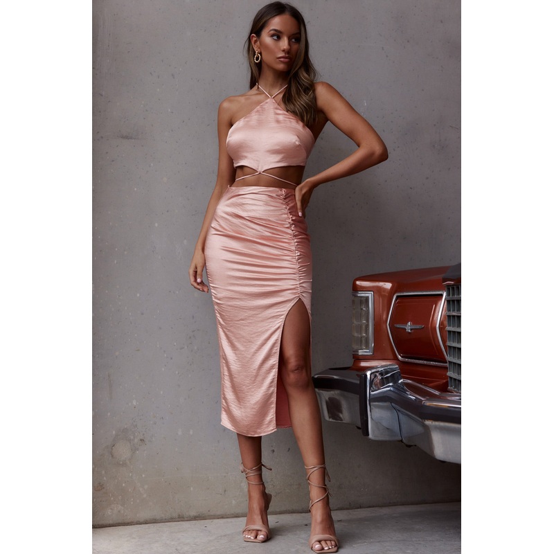 Found My Paradise Ruched Midi Skirt Apricot